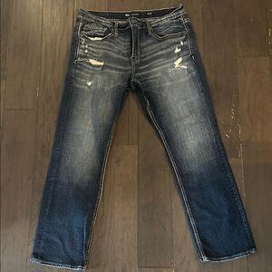 BKE Men's Relaxed Fit Distressed Dark Blue Jeans